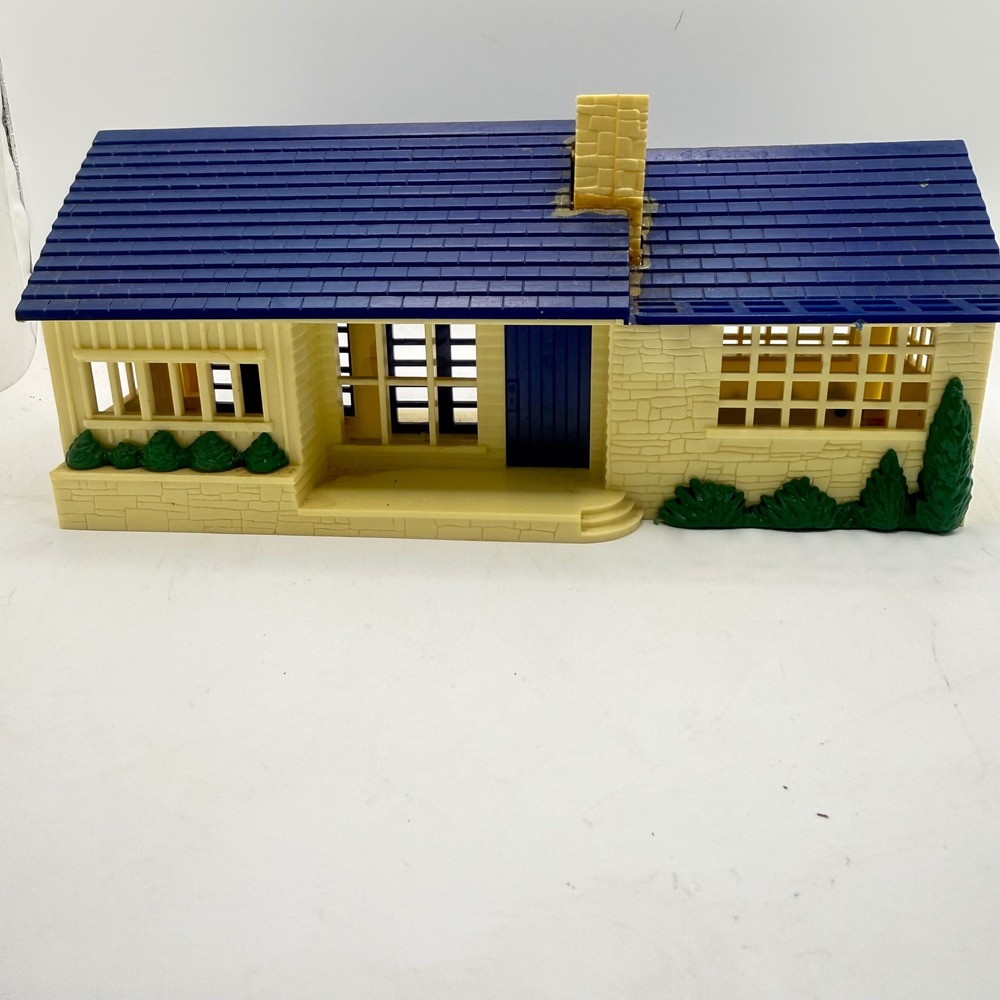 Vintage Marx Plastic Dollhouse Blue Roof Cream Ranch House Mid Century Toy